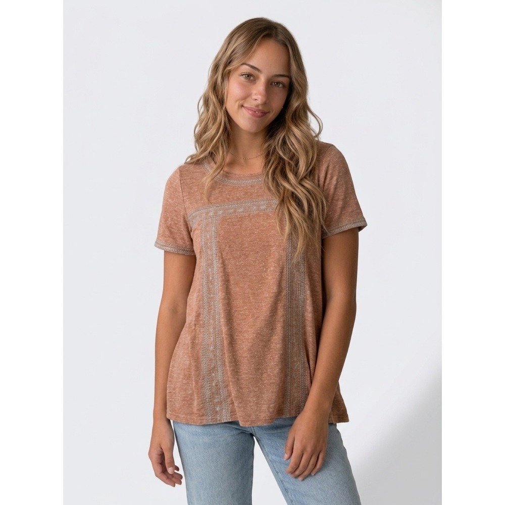 Easel Womens top terracota Embroidered Slub Short Sleeve Bohemian festival sz M